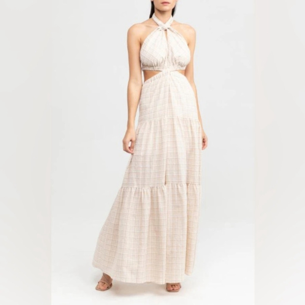 Significant Other US 2 Clementine Halter Maxi Dress Almond Check NWT